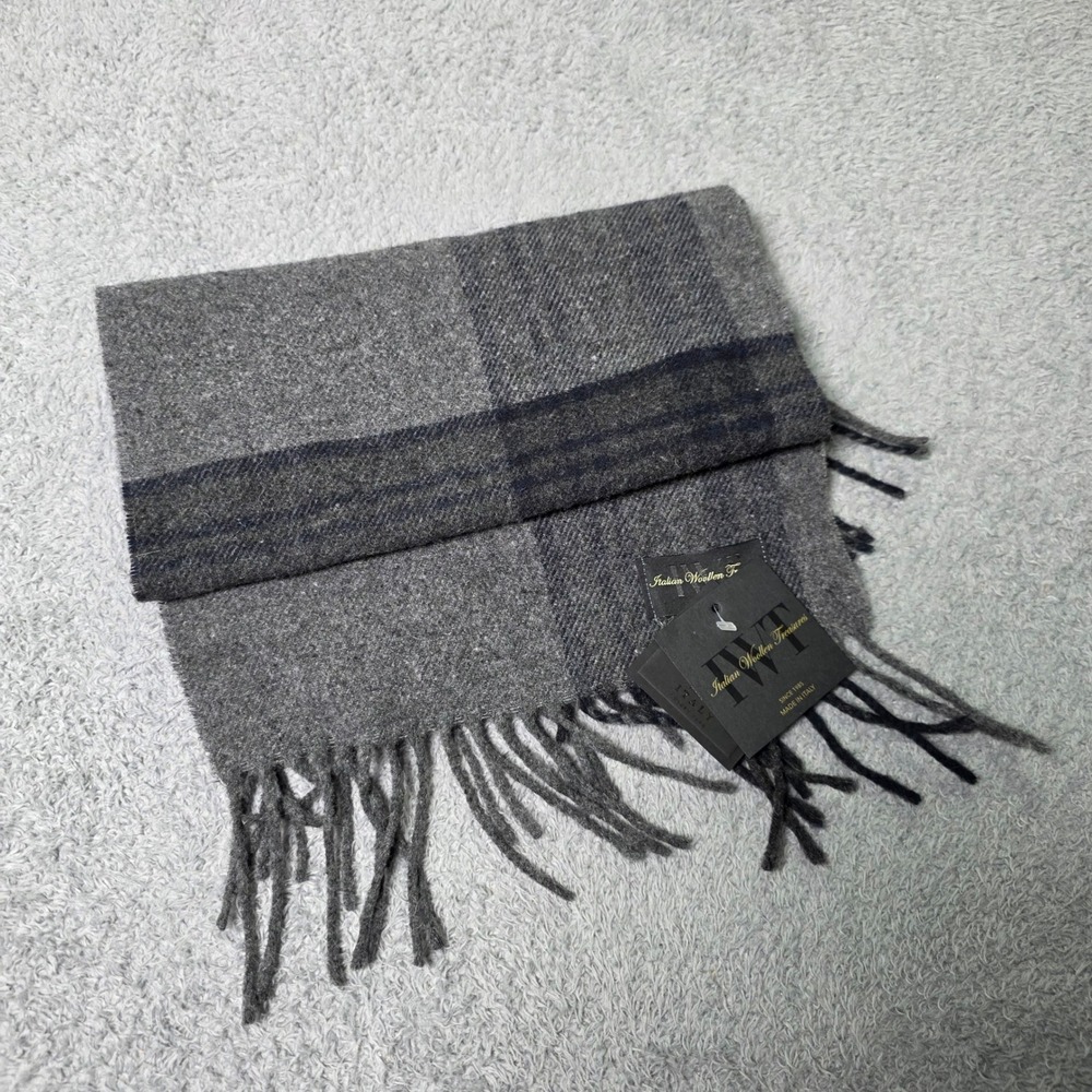 Italian Woolen Treasures Unisex 30x180cm Scarf Gray Black Plaid 100% Wool Italy